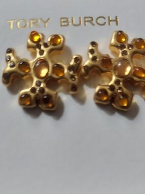 Tory Burch Gold Floral Amber Stud Earrings